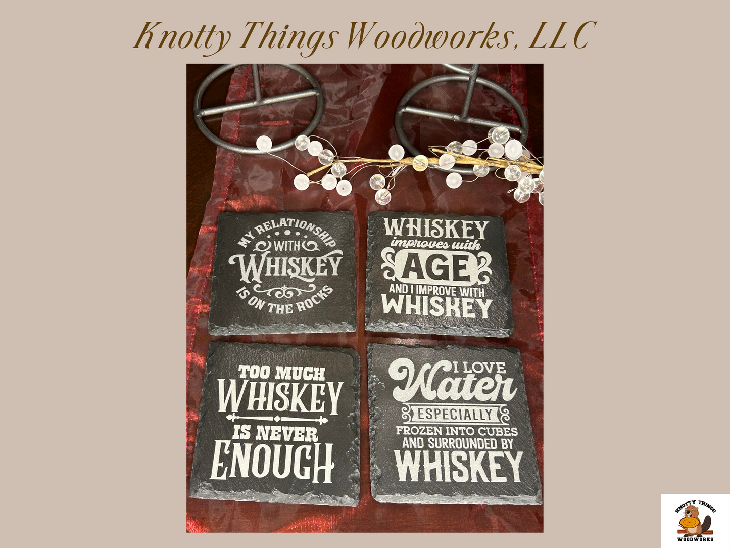 Hilarious Whiskey Slate Coasters - Set of 4 - Each with a Unique Quote