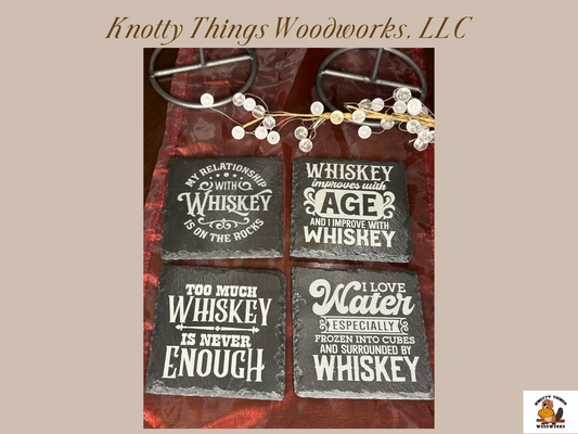 Hilarious Whiskey Slate Coasters - Set of 4 - Each with a Unique Quote