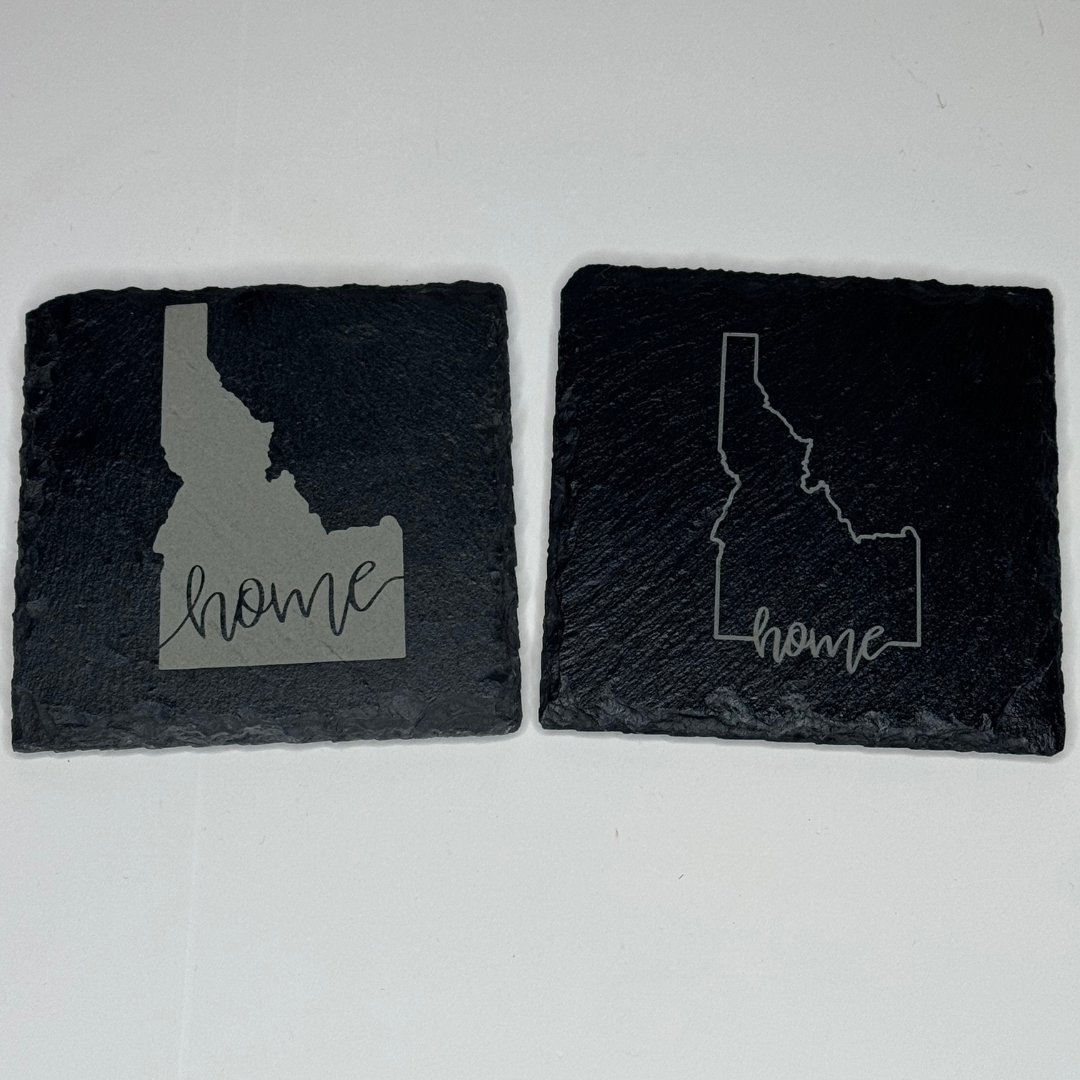 Idaho Slate Coasters - Set of 4 | Rustic 4x4" Drink Coasters with State Outline & 'Home' Design | Idaho Home Decor & Gift