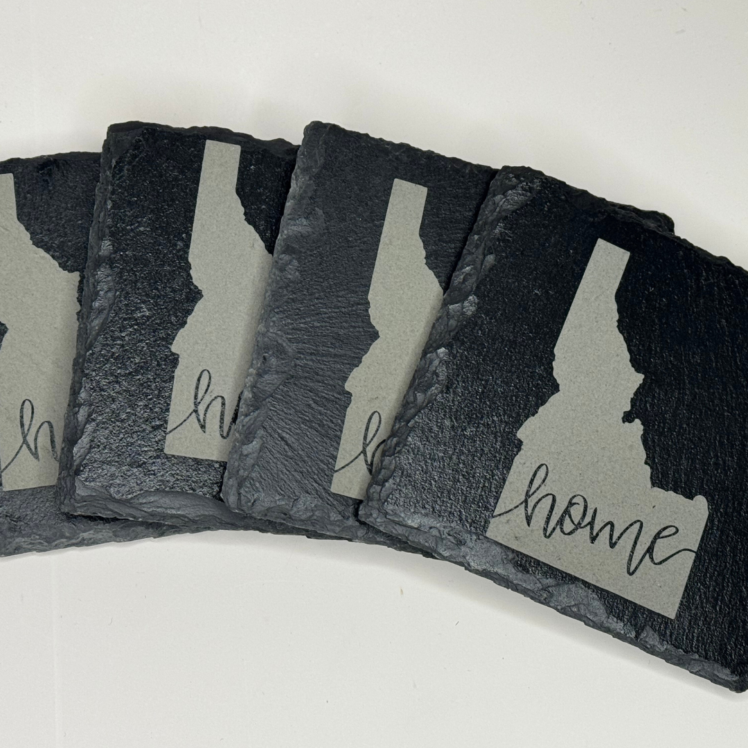 Idaho Slate Coasters - Set of 4 | Rustic 4x4" Drink Coasters with State Outline & 'Home' Design | Idaho Home Decor & Gift