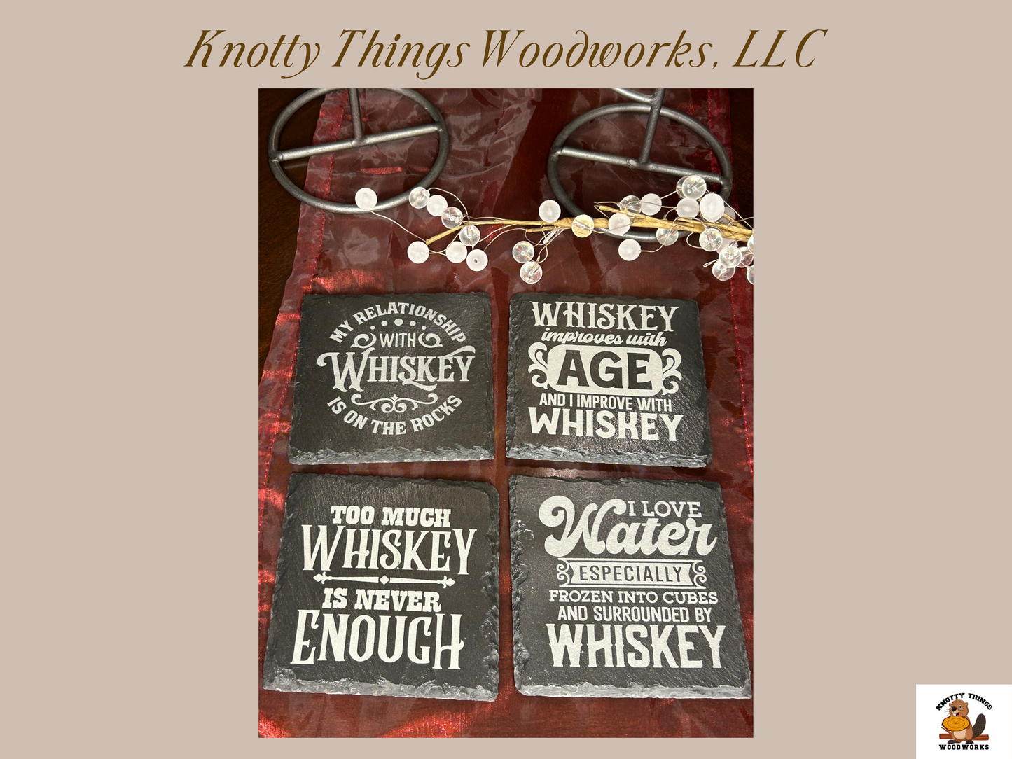 Wholesale Hilarious Whiskey Slate Coasters - Set of 4 - Each with a Unique Quote