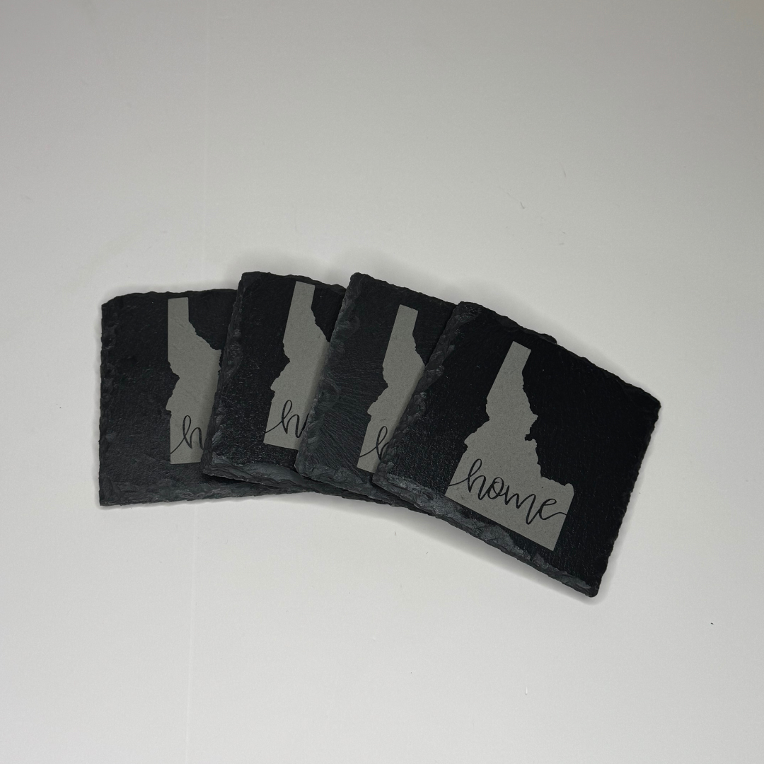 Wholesale Idaho Slate Coasters - Set of 4 | Rustic 4x4" Drink Coasters with State Outline & 'Home' Design | Idaho Home Decor & Gift