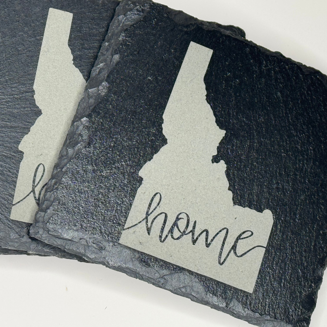 Wholesale Idaho Slate Coasters - Set of 4 | Rustic 4x4" Drink Coasters with State Outline & 'Home' Design | Idaho Home Decor & Gift