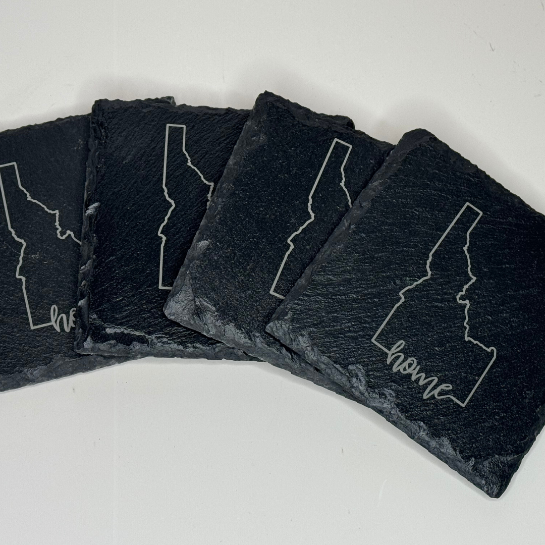 Idaho Slate Coasters - Set of 4 | Rustic 4x4" Drink Coasters with State Outline & 'Home' Design | Idaho Home Decor & Gift