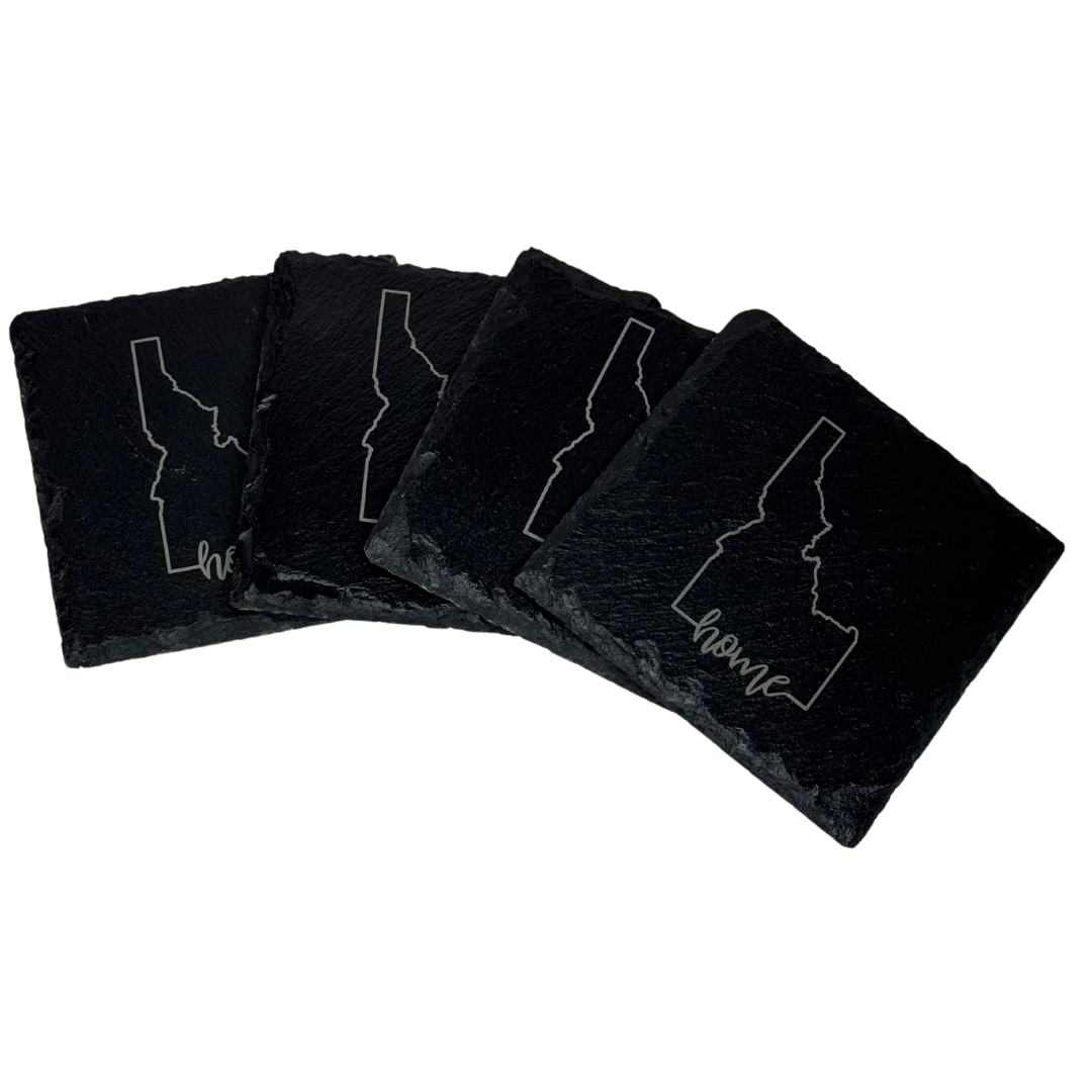 Idaho Slate Coasters - Set of 4 | Rustic 4x4" Drink Coasters with State Outline & 'Home' Design | Idaho Home Decor & Gift