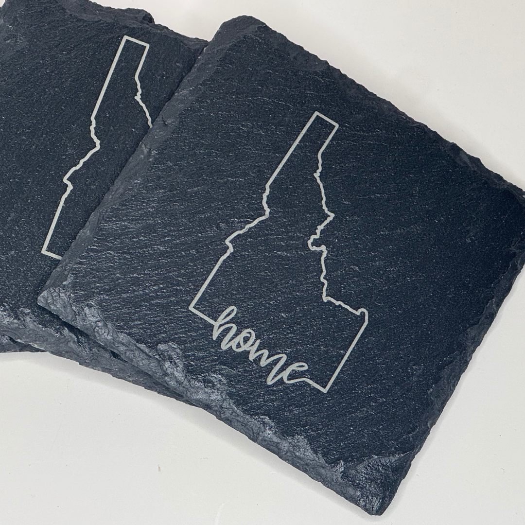 Idaho Slate Coasters - Set of 4 | Rustic 4x4" Drink Coasters with State Outline & 'Home' Design | Idaho Home Decor & Gift